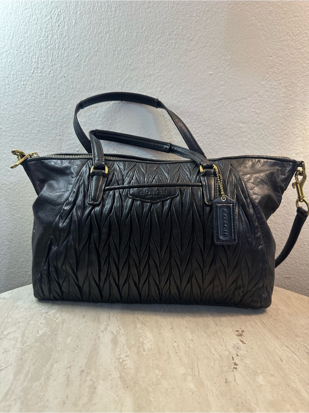 Coach Black Quilted Pleat-Detail Leather Shoulder Satchel